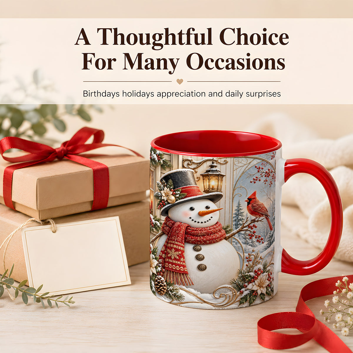#pl[11oz|Red] Elegant Snowman Coffee Mug, Cardinal Christmas Mug, Ceramic Cup