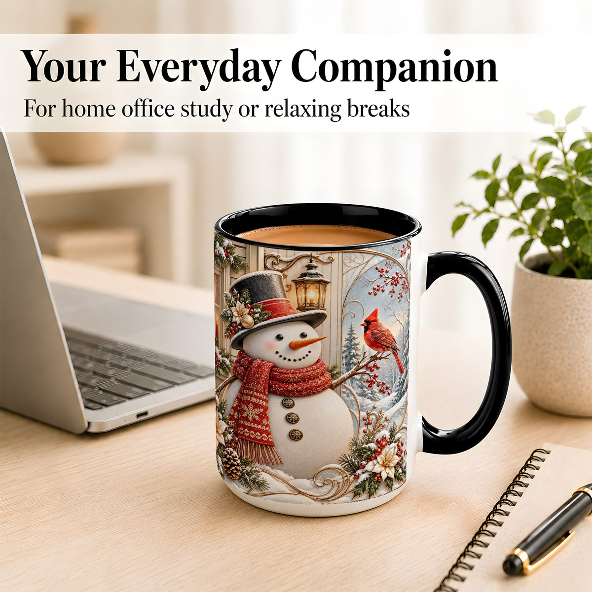 #pl[15oz|Black] Elegant Snowman Coffee Mug, Cardinal Christmas Mug, Ceramic Cup