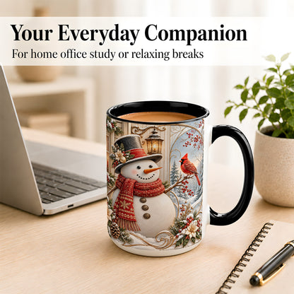 #pl[15oz|Black] Elegant Snowman Coffee Mug, Cardinal Christmas Mug, Ceramic Cup