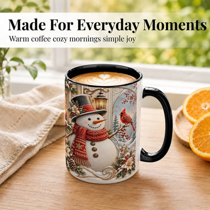 #pl[15oz|Black] Elegant Snowman Coffee Mug, Cardinal Christmas Mug, Ceramic Cup