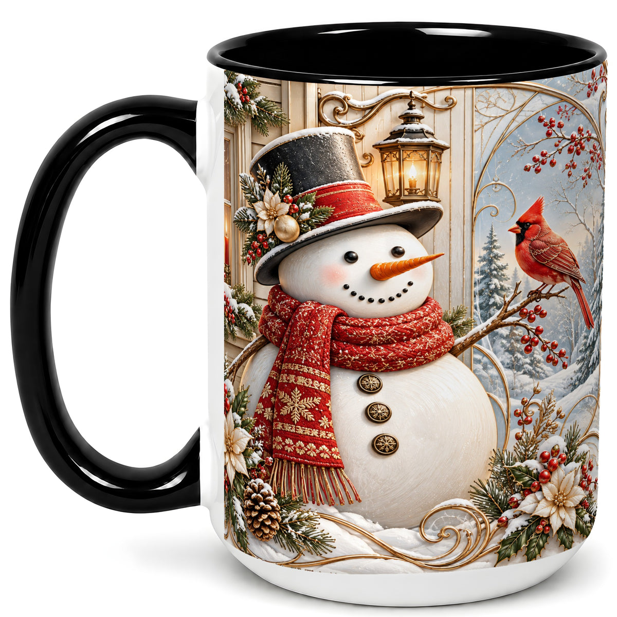 #pl[15oz|Black] Elegant Snowman Coffee Mug, Cardinal Christmas Mug, Ceramic Cup