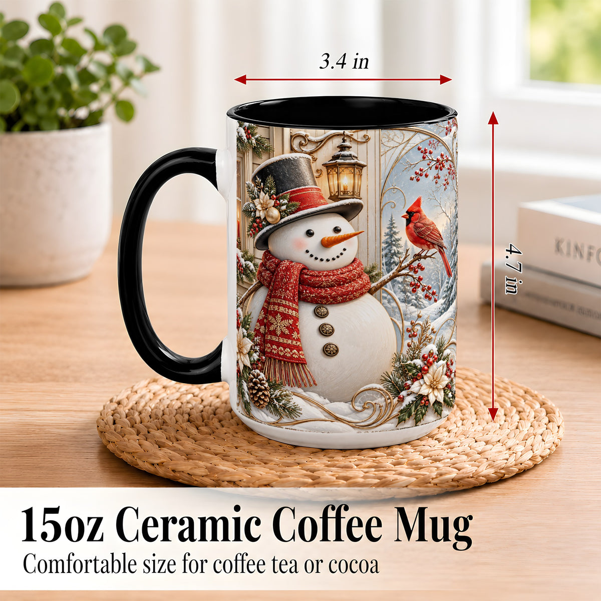 #pl[15oz|Black] Elegant Snowman Coffee Mug, Cardinal Christmas Mug, Ceramic Cup