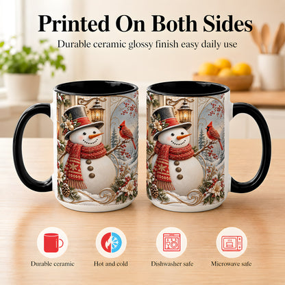 #pl[15oz|Black] Elegant Snowman Coffee Mug, Cardinal Christmas Mug, Ceramic Cup
