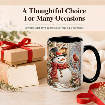 #pl[15oz|Black] Elegant Snowman Coffee Mug, Cardinal Christmas Mug, Ceramic Cup