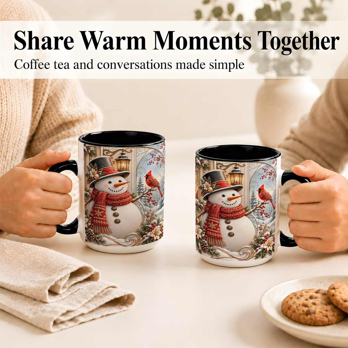 #pl[15oz|Black] Elegant Snowman Coffee Mug, Cardinal Christmas Mug, Ceramic Cup
