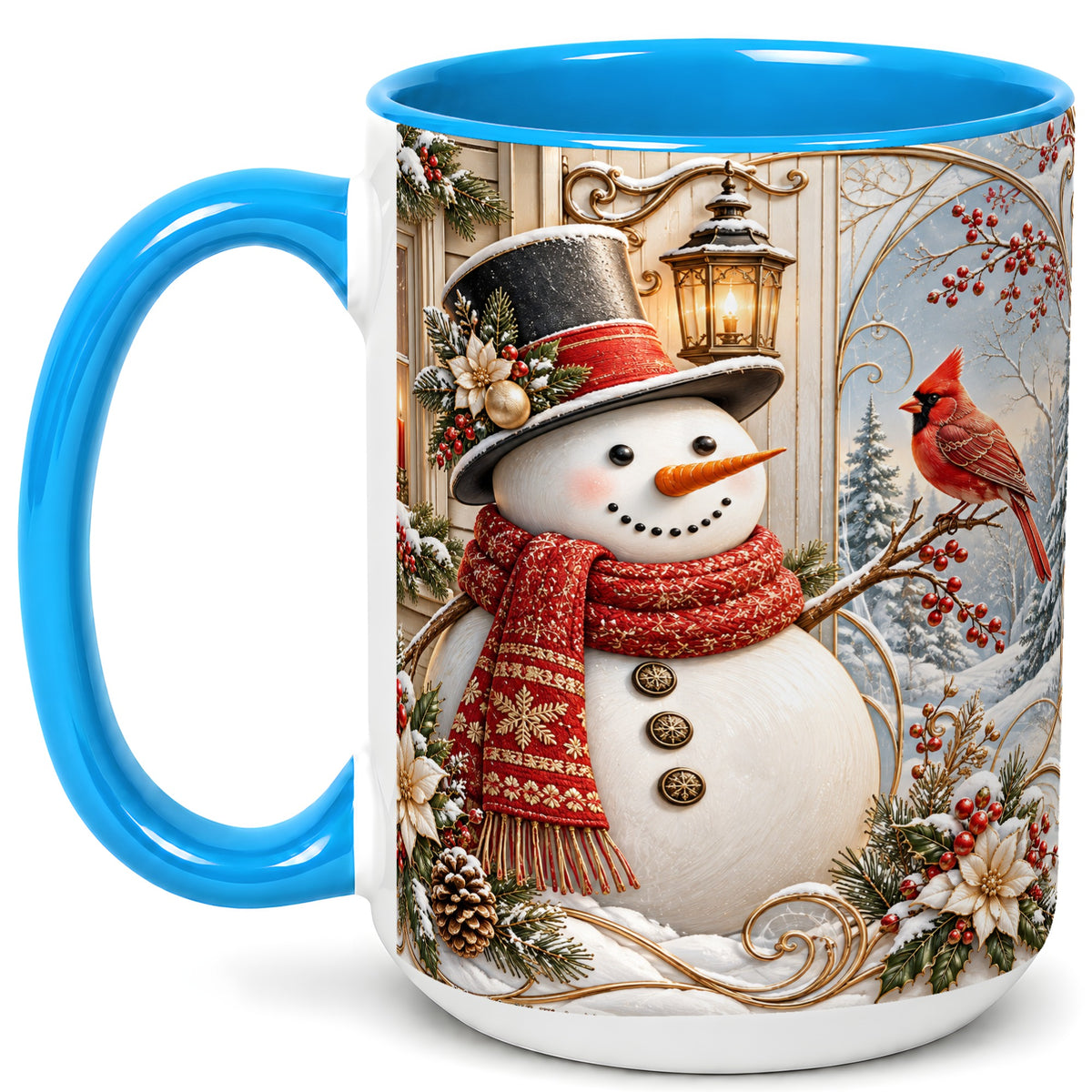 #pl[15oz|Blue] Elegant Snowman Coffee Mug, Cardinal Christmas Mug, Ceramic Cup