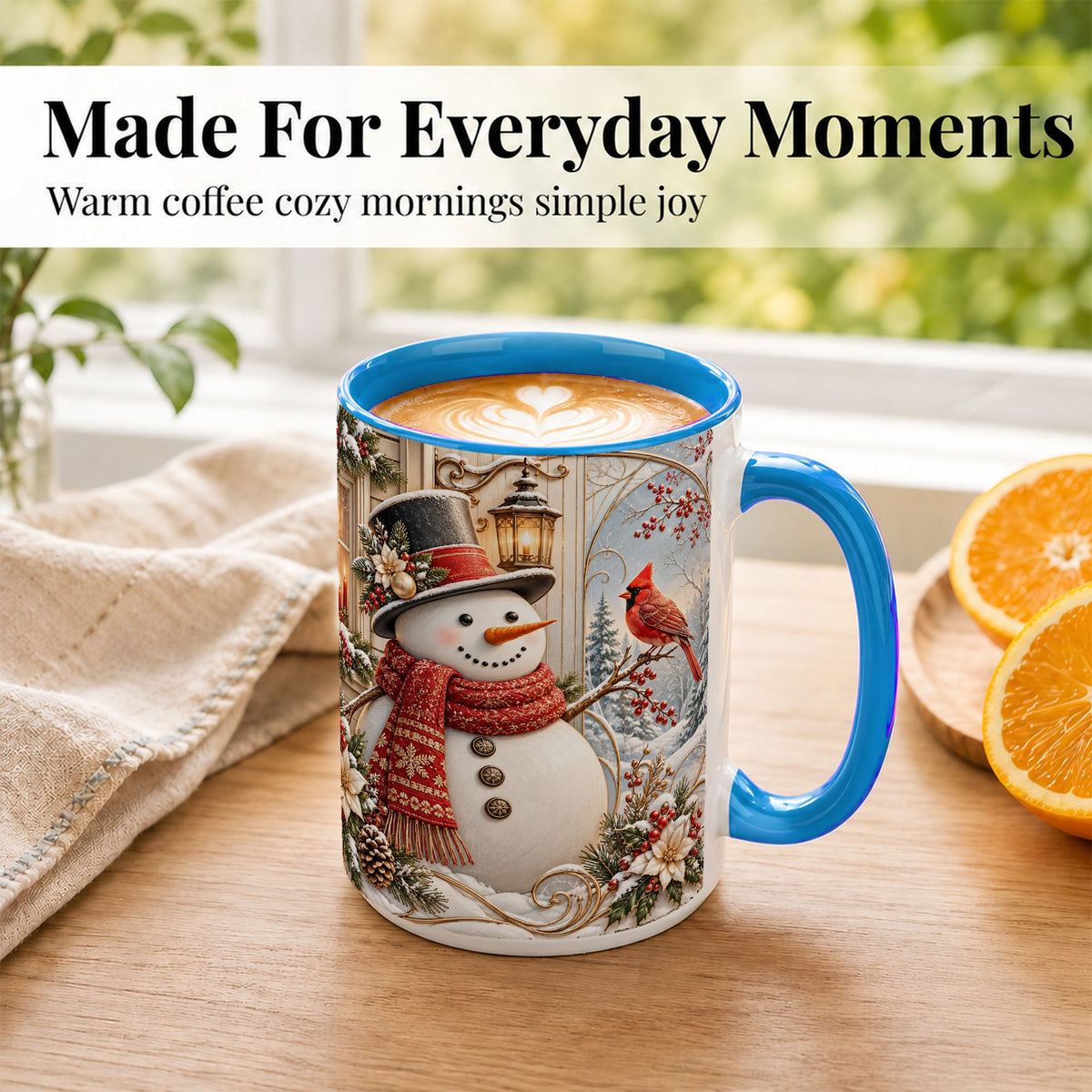 #pl[15oz|Blue] Elegant Snowman Coffee Mug, Cardinal Christmas Mug, Ceramic Cup