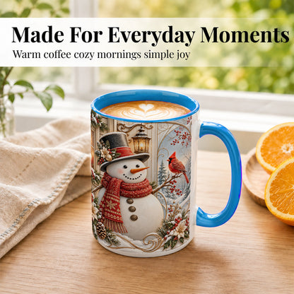 #pl[15oz|Blue] Elegant Snowman Coffee Mug, Cardinal Christmas Mug, Ceramic Cup