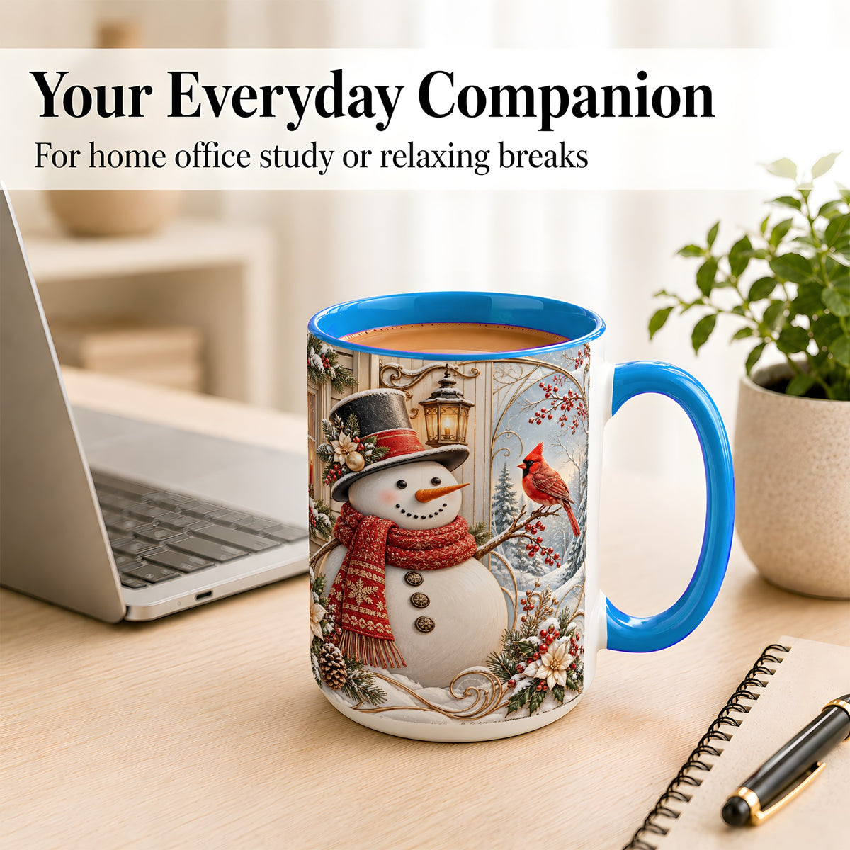 #pl[15oz|Blue] Elegant Snowman Coffee Mug, Cardinal Christmas Mug, Ceramic Cup