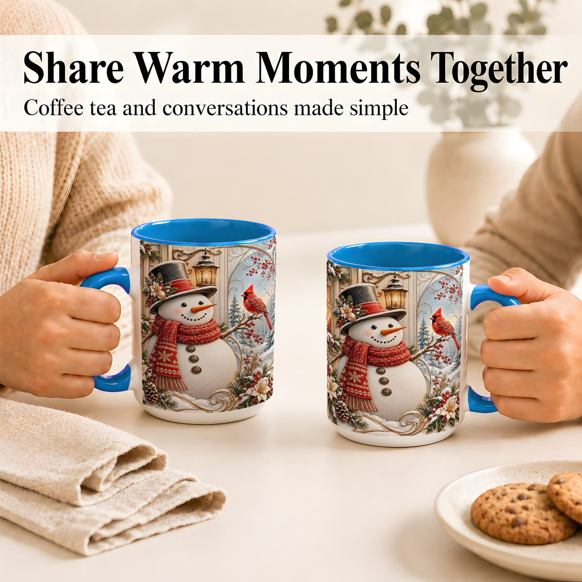 #pl[15oz|Blue] Elegant Snowman Coffee Mug, Cardinal Christmas Mug, Ceramic Cup