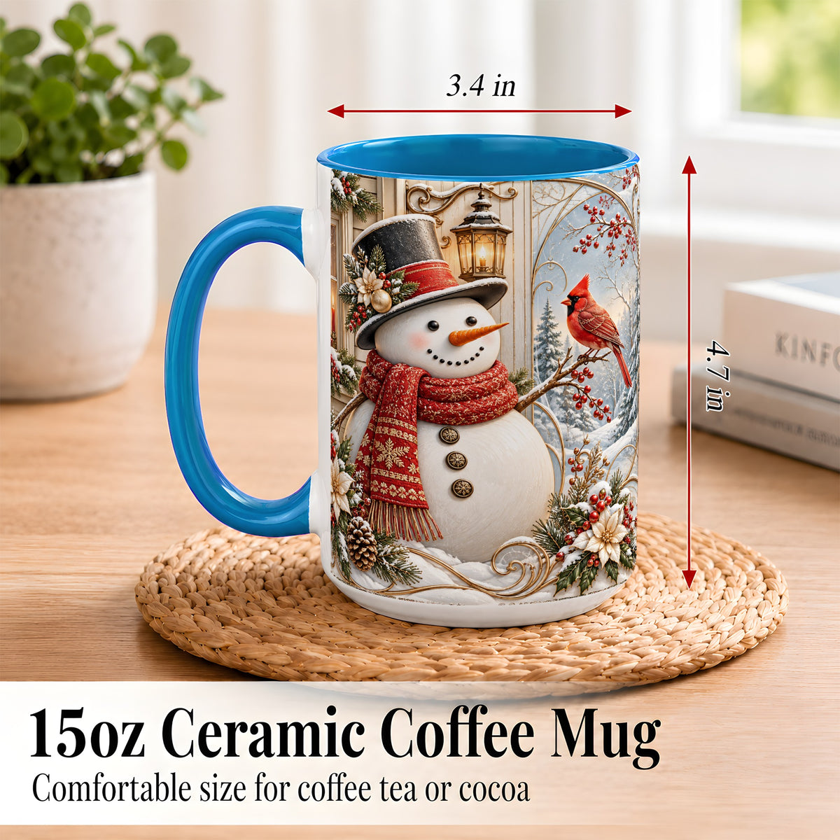 #pl[15oz|Blue] Elegant Snowman Coffee Mug, Cardinal Christmas Mug, Ceramic Cup