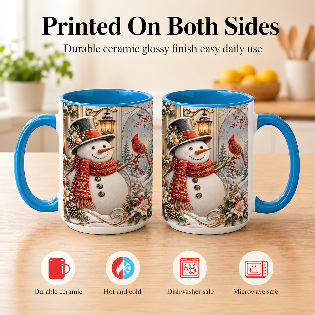 #pl[15oz|Blue] Elegant Snowman Coffee Mug, Cardinal Christmas Mug, Ceramic Cup