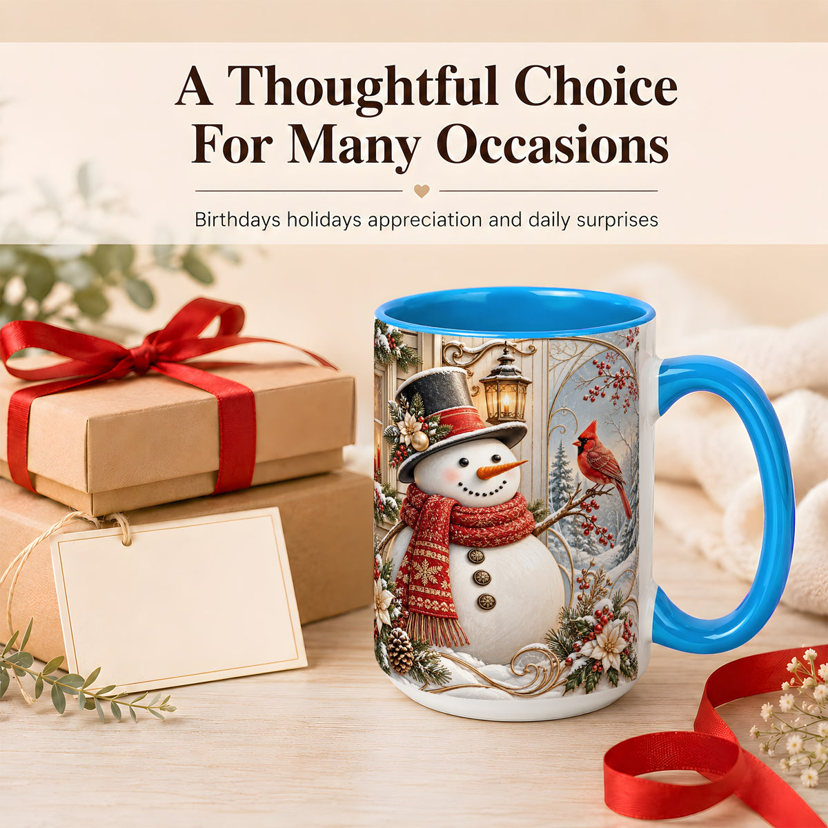 #pl[15oz|Blue] Elegant Snowman Coffee Mug, Cardinal Christmas Mug, Ceramic Cup