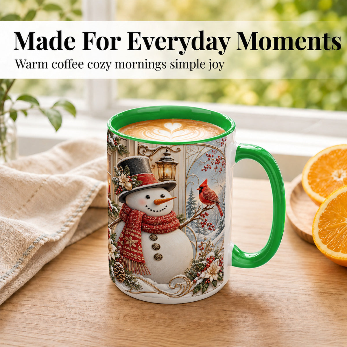 #pl[15oz|Green] Elegant Snowman Coffee Mug, Cardinal Christmas Mug, Ceramic Cup