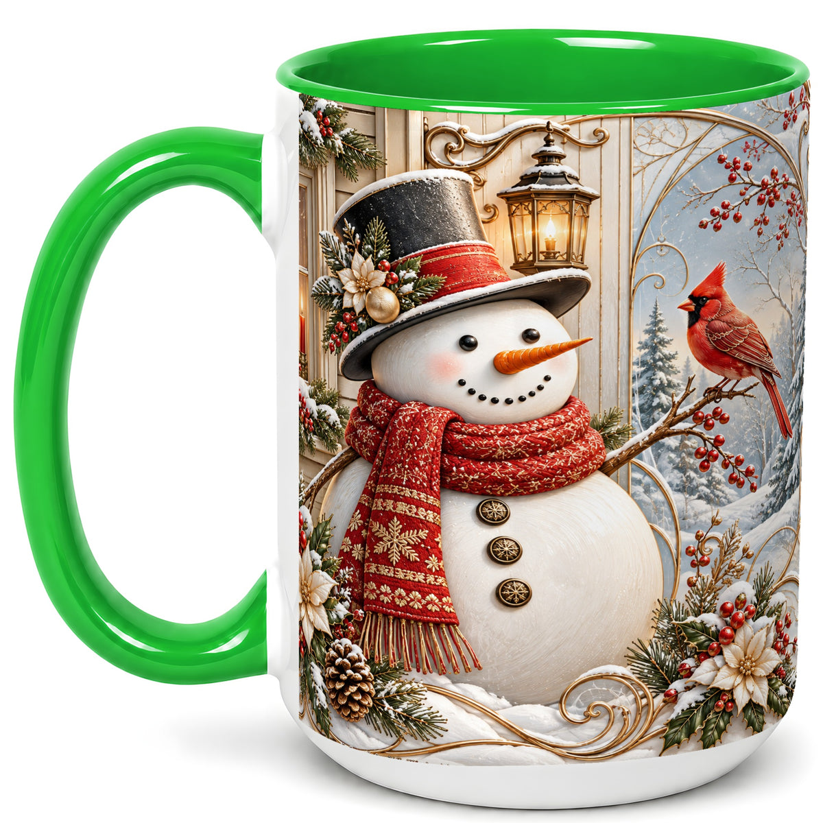 #pl[15oz|Green] Elegant Snowman Coffee Mug, Cardinal Christmas Mug, Ceramic Cup
