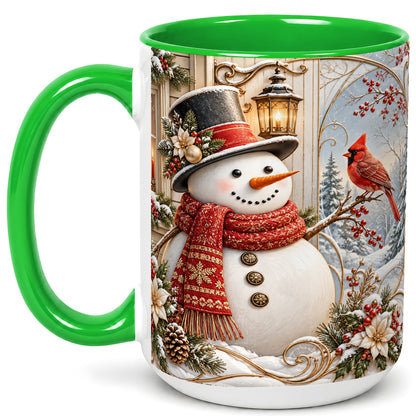 #pl[15oz|Green] Elegant Snowman Coffee Mug, Cardinal Christmas Mug, Ceramic Cup