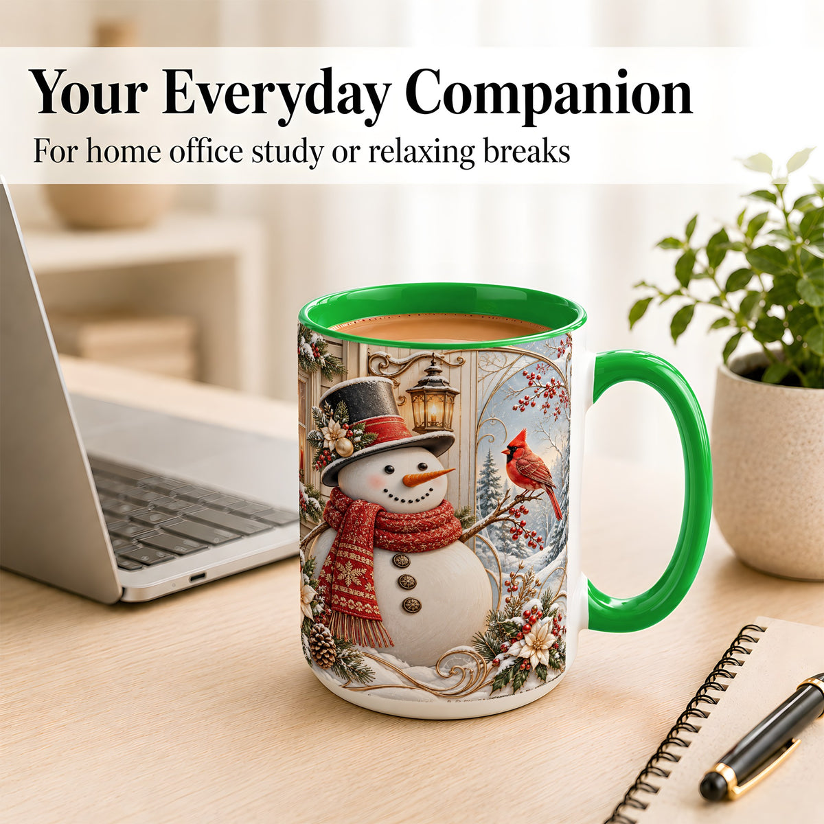 #pl[15oz|Green] Elegant Snowman Coffee Mug, Cardinal Christmas Mug, Ceramic Cup