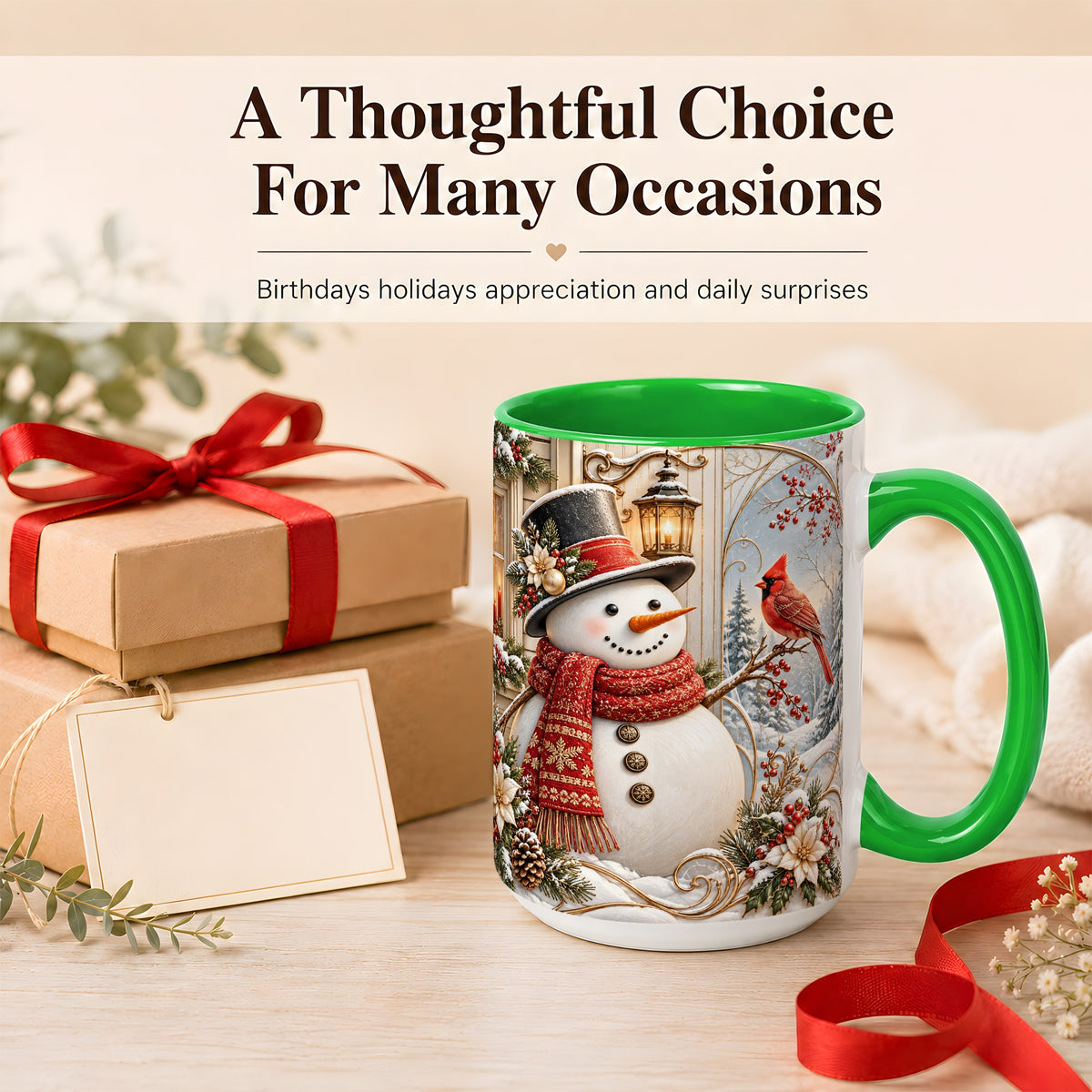 #pl[15oz|Green] Elegant Snowman Coffee Mug, Cardinal Christmas Mug, Ceramic Cup