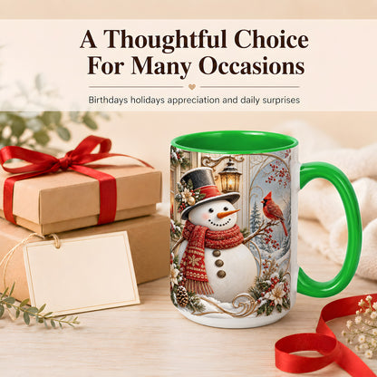 #pl[15oz|Green] Elegant Snowman Coffee Mug, Cardinal Christmas Mug, Ceramic Cup