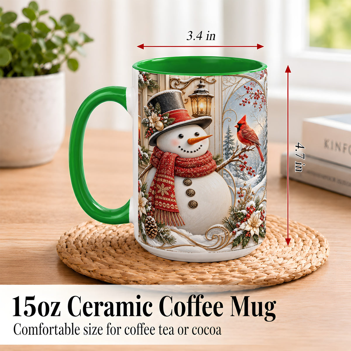 #pl[15oz|Green] Elegant Snowman Coffee Mug, Cardinal Christmas Mug, Ceramic Cup