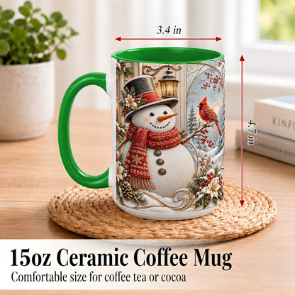 #pl[15oz|Green] Elegant Snowman Coffee Mug, Cardinal Christmas Mug, Ceramic Cup