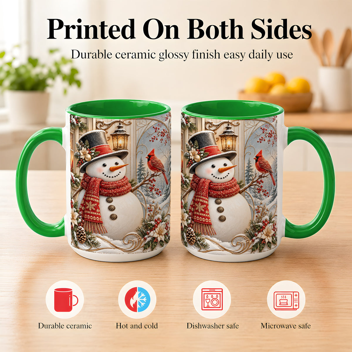 #pl[15oz|Green] Elegant Snowman Coffee Mug, Cardinal Christmas Mug, Ceramic Cup