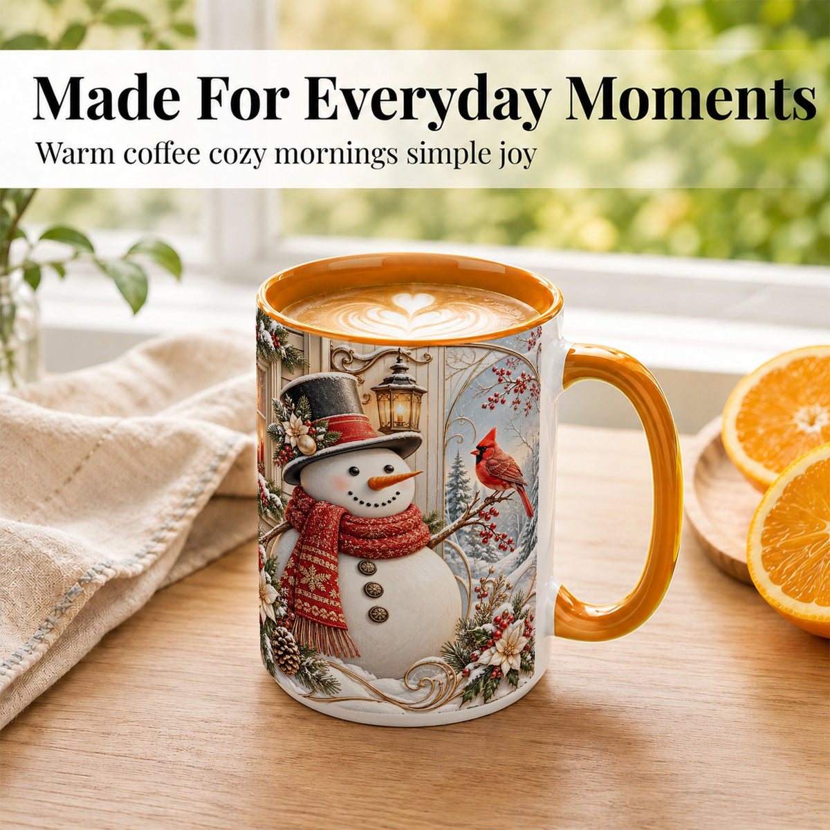 #pl[15oz|Orange] Elegant Snowman Coffee Mug, Cardinal Christmas Mug, Ceramic Cup