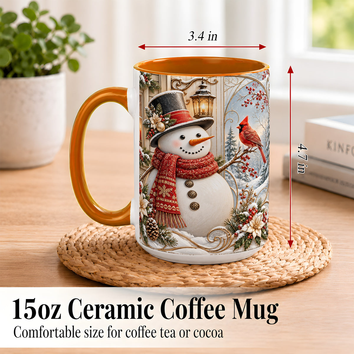 #pl[15oz|Orange] Elegant Snowman Coffee Mug, Cardinal Christmas Mug, Ceramic Cup