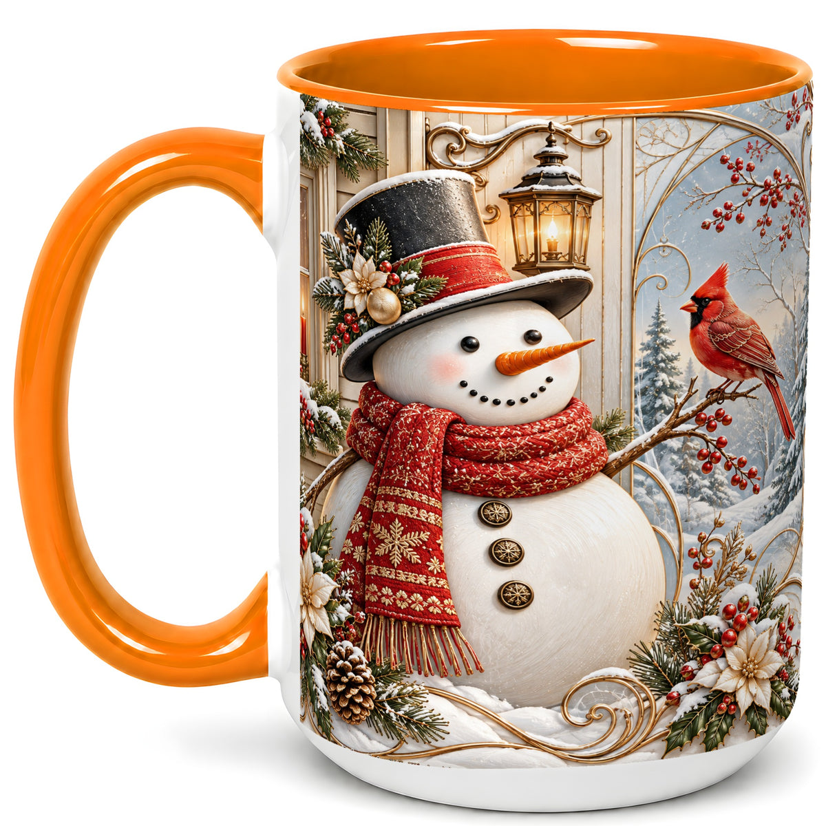 #pl[15oz|Orange] Elegant Snowman Coffee Mug, Cardinal Christmas Mug, Ceramic Cup