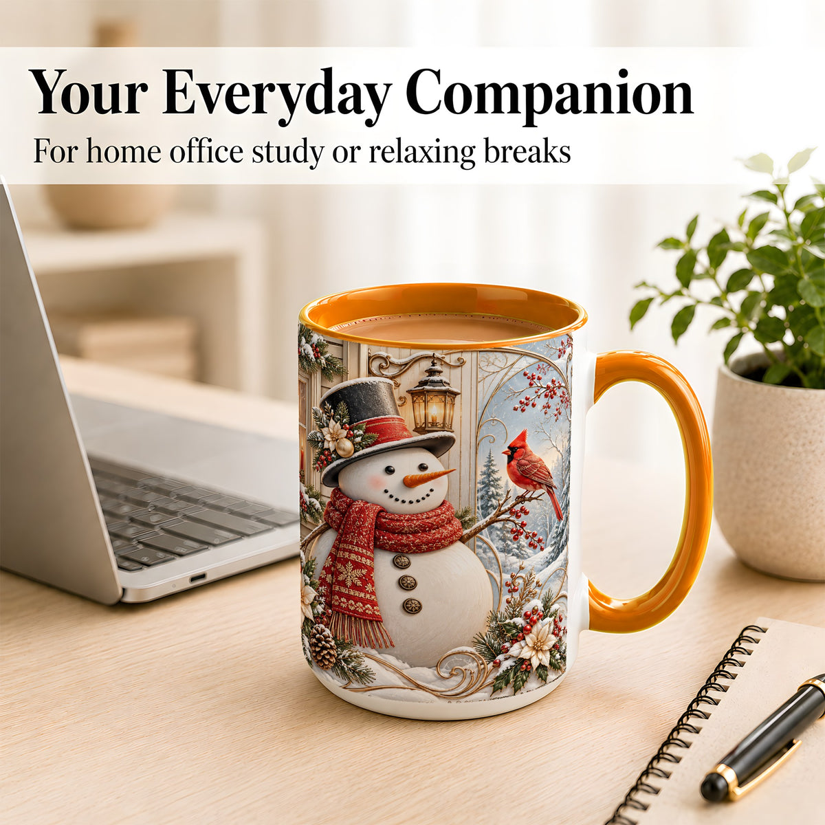 #pl[15oz|Orange] Elegant Snowman Coffee Mug, Cardinal Christmas Mug, Ceramic Cup