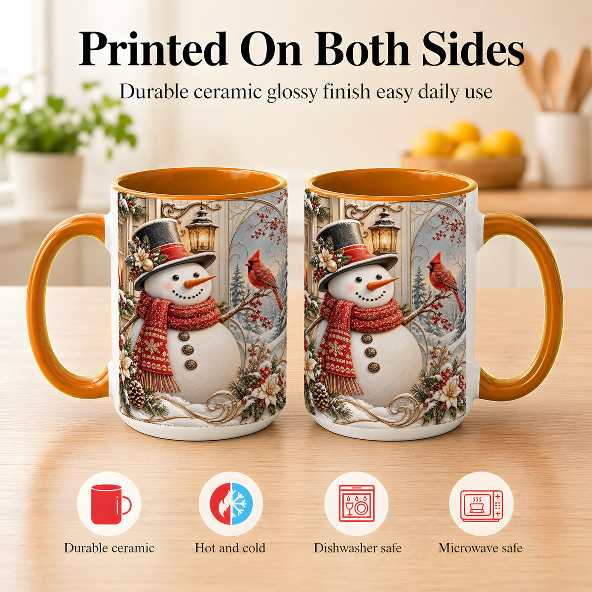 #pl[15oz|Orange] Elegant Snowman Coffee Mug, Cardinal Christmas Mug, Ceramic Cup