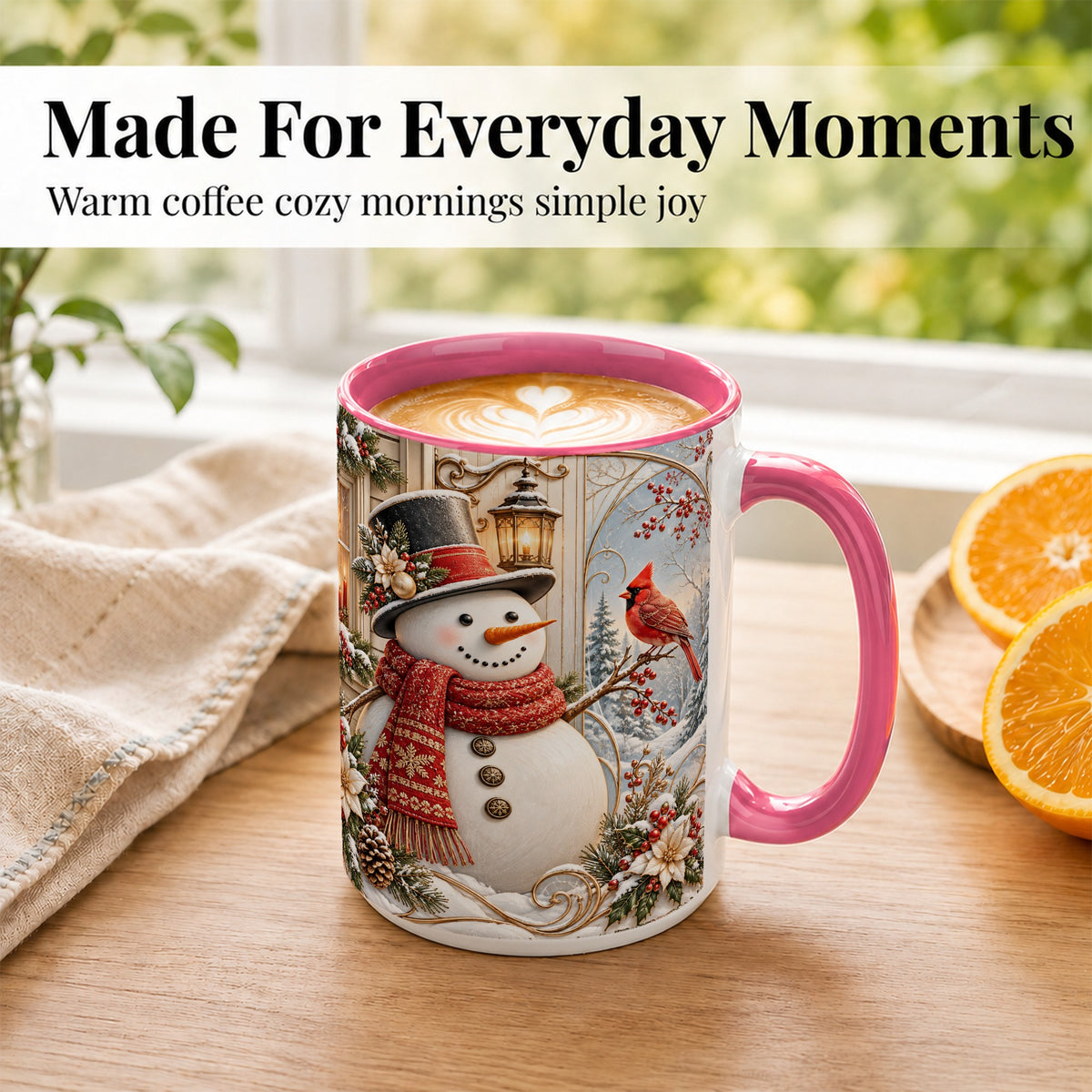 #pl[15oz|Pink] Elegant Snowman Coffee Mug, Cardinal Christmas Mug, Ceramic Cup