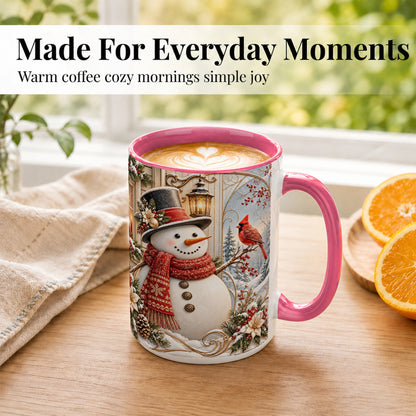 #pl[15oz|Pink] Elegant Snowman Coffee Mug, Cardinal Christmas Mug, Ceramic Cup