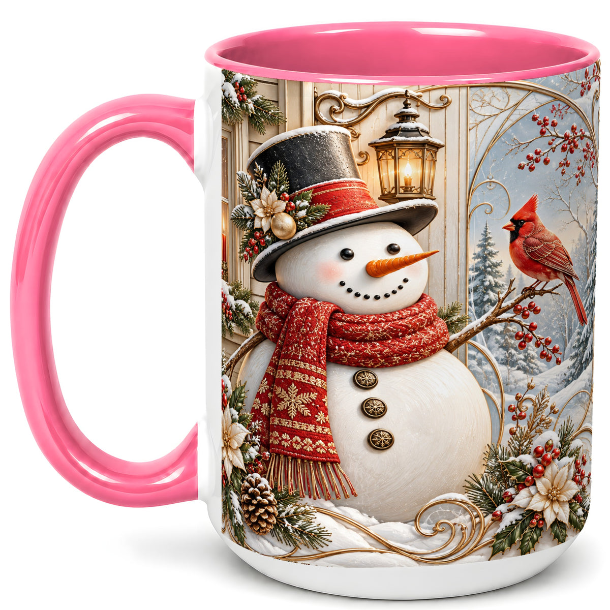 #pl[15oz|Pink] Elegant Snowman Coffee Mug, Cardinal Christmas Mug, Ceramic Cup