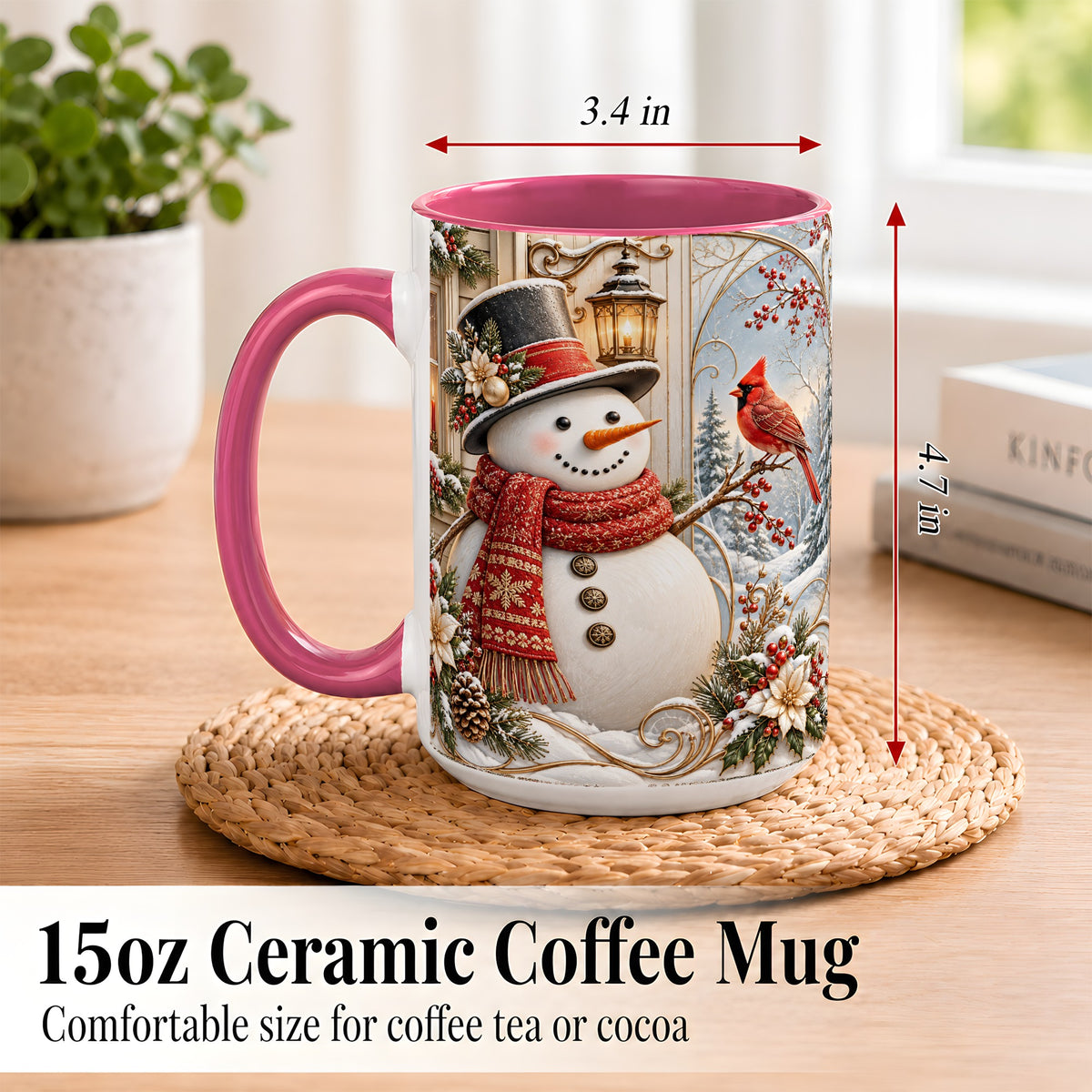 #pl[15oz|Pink] Elegant Snowman Coffee Mug, Cardinal Christmas Mug, Ceramic Cup