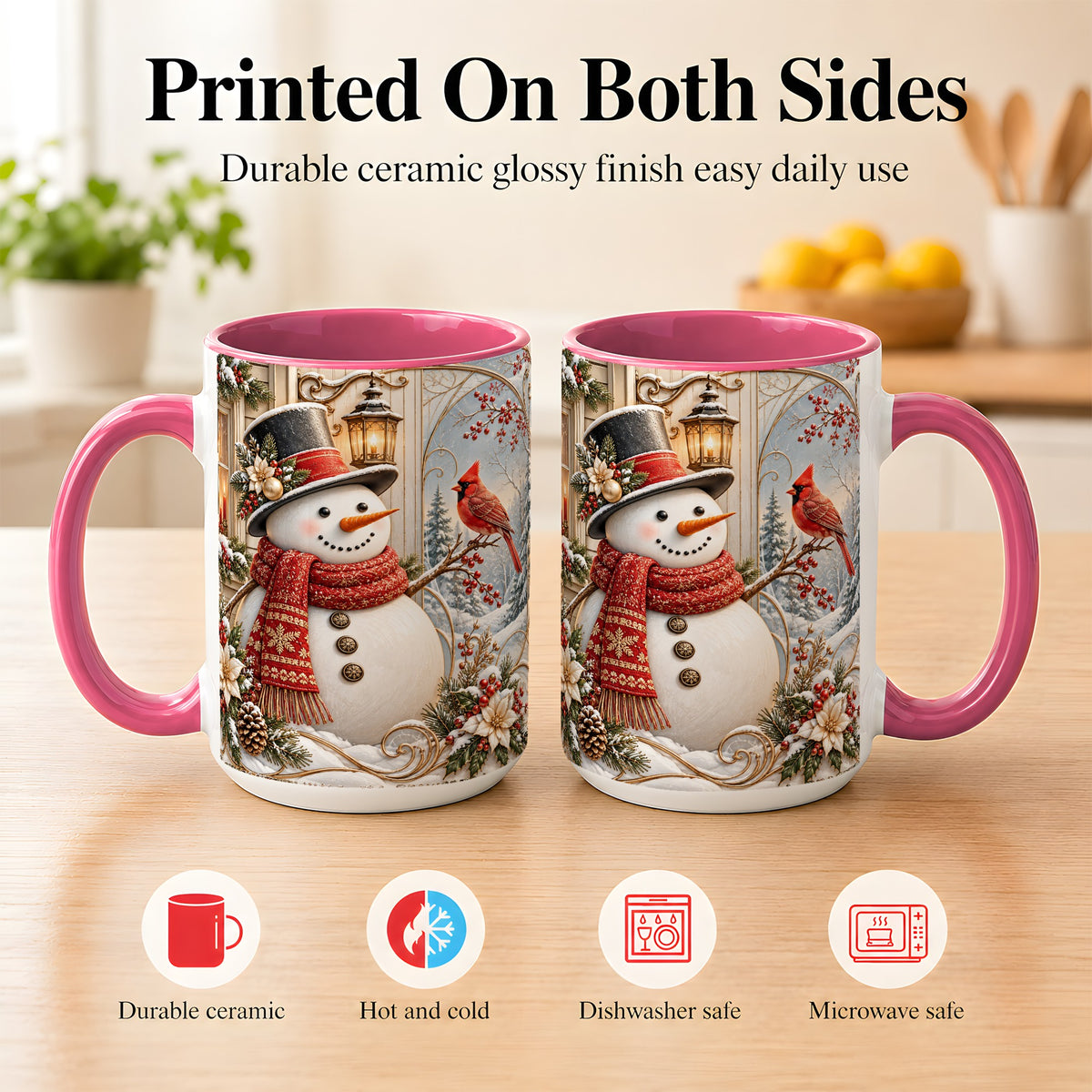 #pl[15oz|Pink] Elegant Snowman Coffee Mug, Cardinal Christmas Mug, Ceramic Cup