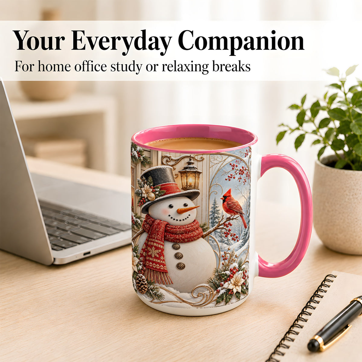 #pl[15oz|Pink] Elegant Snowman Coffee Mug, Cardinal Christmas Mug, Ceramic Cup