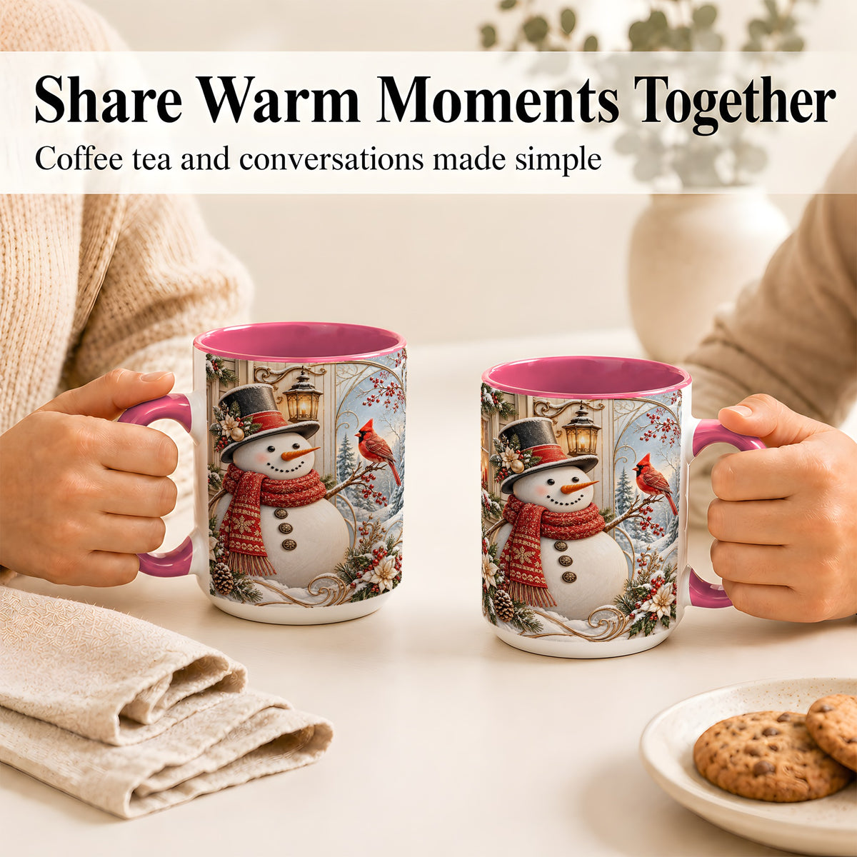 #pl[15oz|Pink] Elegant Snowman Coffee Mug, Cardinal Christmas Mug, Ceramic Cup