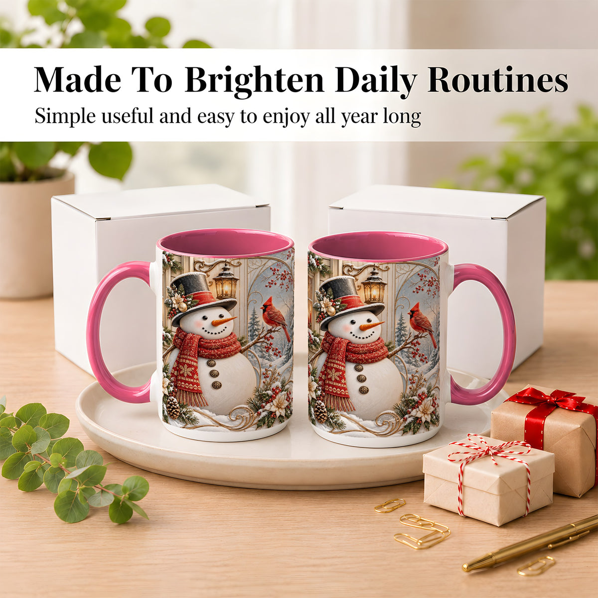 #pl[15oz|Pink] Elegant Snowman Coffee Mug, Cardinal Christmas Mug, Ceramic Cup