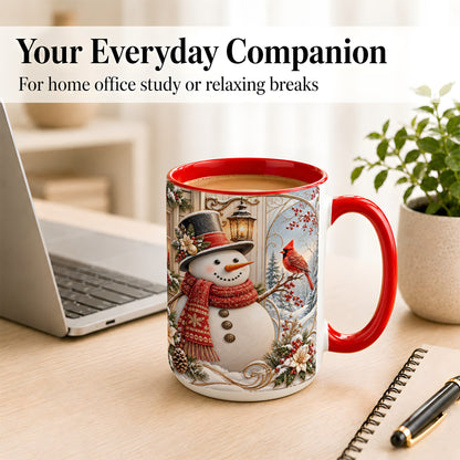 #pl[15oz|Red] Elegant Snowman Coffee Mug, Cardinal Christmas Mug, Ceramic Cup