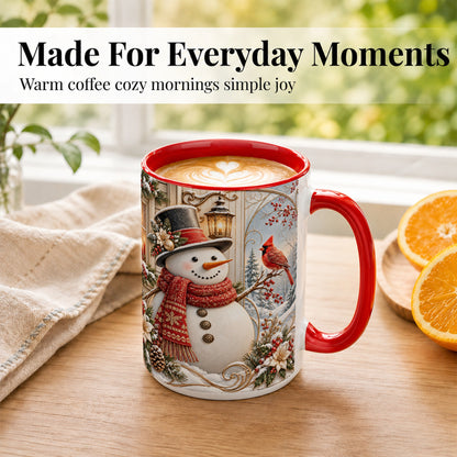#pl[15oz|Red] Elegant Snowman Coffee Mug, Cardinal Christmas Mug, Ceramic Cup