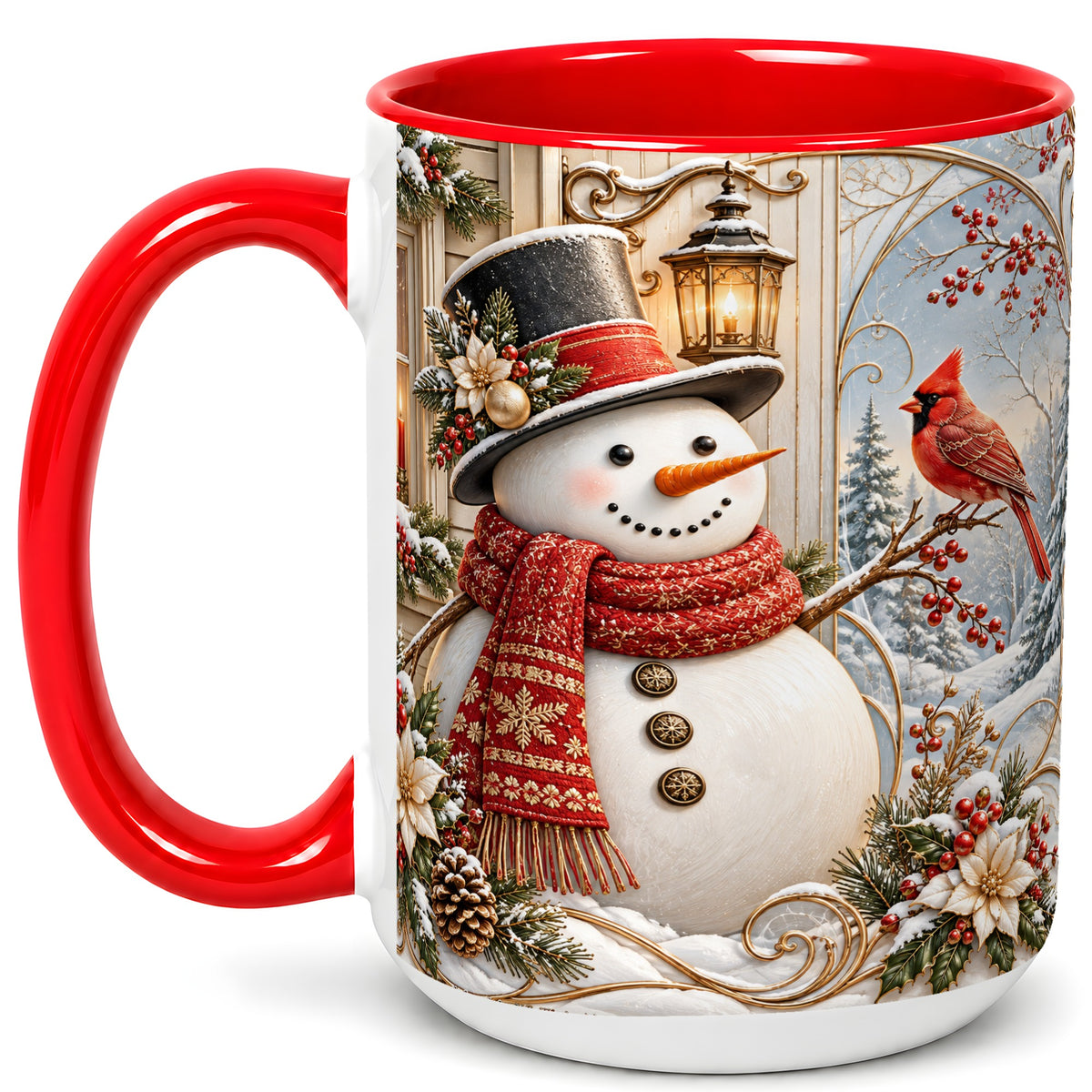 #pl[15oz|Red] Elegant Snowman Coffee Mug, Cardinal Christmas Mug, Ceramic Cup