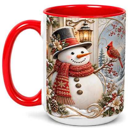 #pl[15oz|Red] Elegant Snowman Coffee Mug, Cardinal Christmas Mug, Ceramic Cup