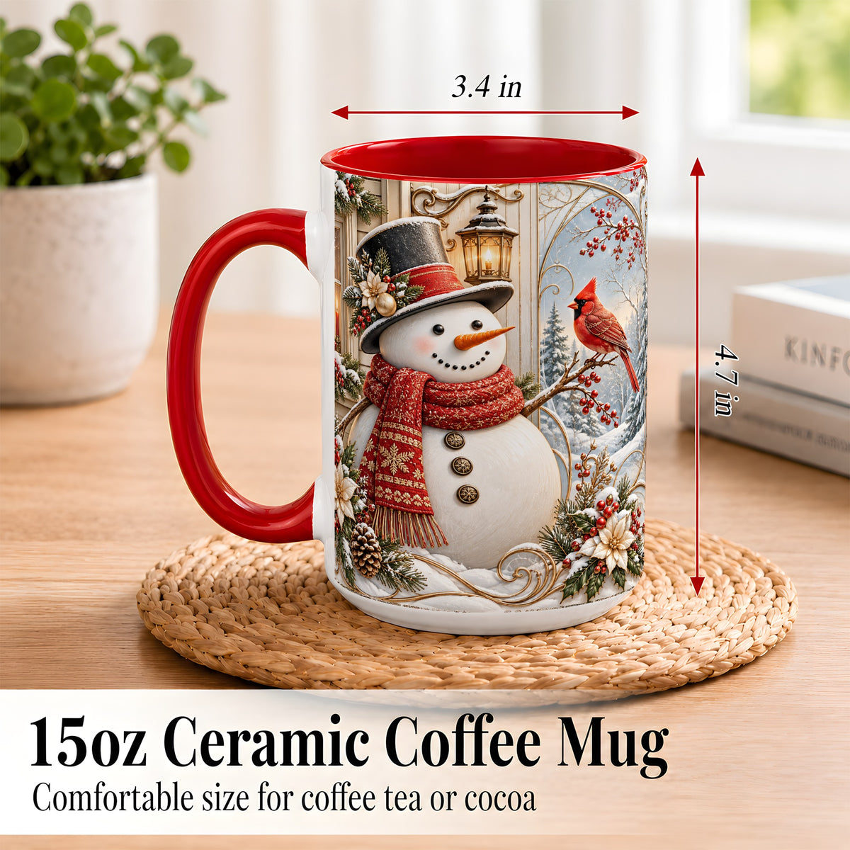 #pl[15oz|Red] Elegant Snowman Coffee Mug, Cardinal Christmas Mug, Ceramic Cup