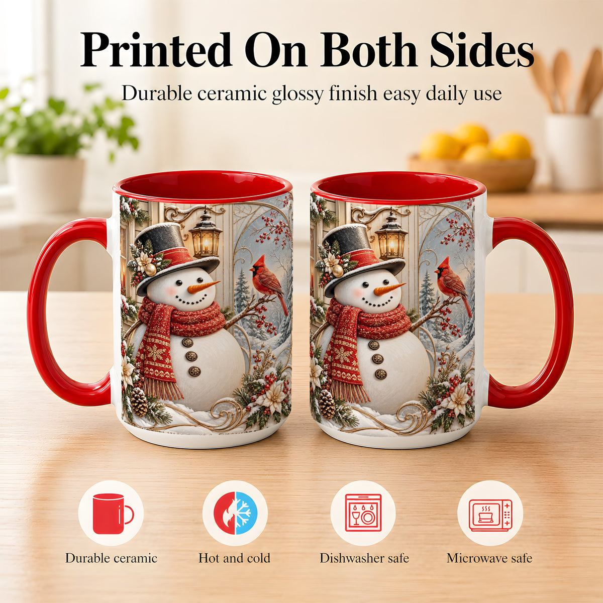 #pl[15oz|Red] Elegant Snowman Coffee Mug, Cardinal Christmas Mug, Ceramic Cup