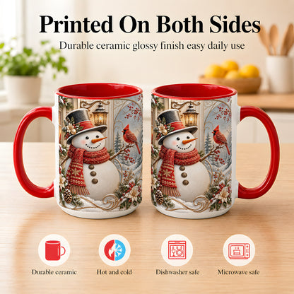 #pl[15oz|Red] Elegant Snowman Coffee Mug, Cardinal Christmas Mug, Ceramic Cup