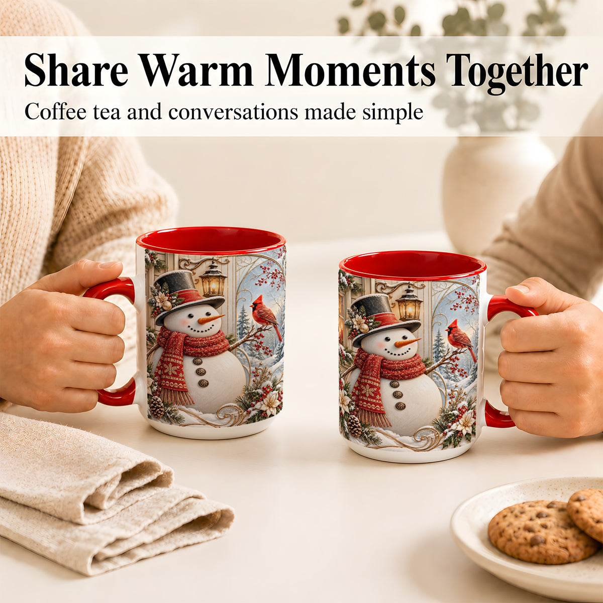 #pl[15oz|Red] Elegant Snowman Coffee Mug, Cardinal Christmas Mug, Ceramic Cup