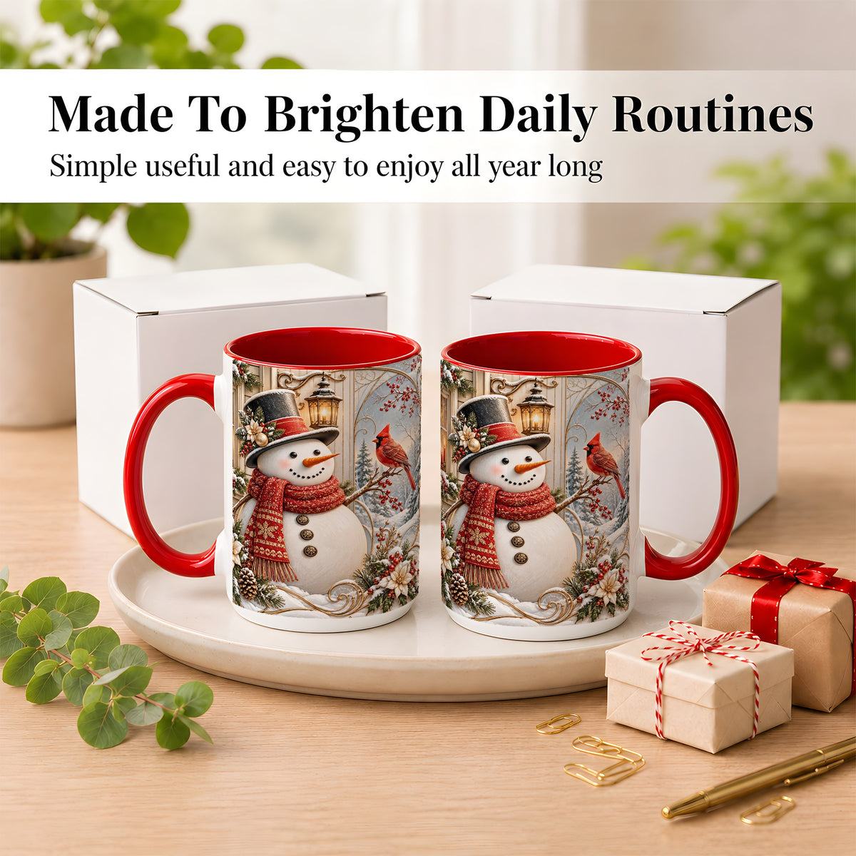 #pl[15oz|Red] Elegant Snowman Coffee Mug, Cardinal Christmas Mug, Ceramic Cup