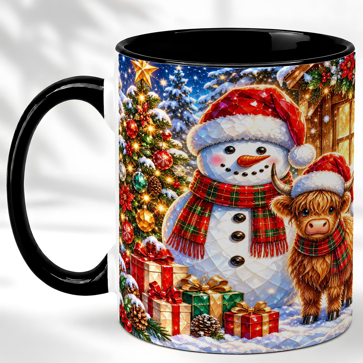 #pl[11oz|Black] Highland Cow Snowman Coffee Mug, Christmas Animal Mug, Ceramic Cup