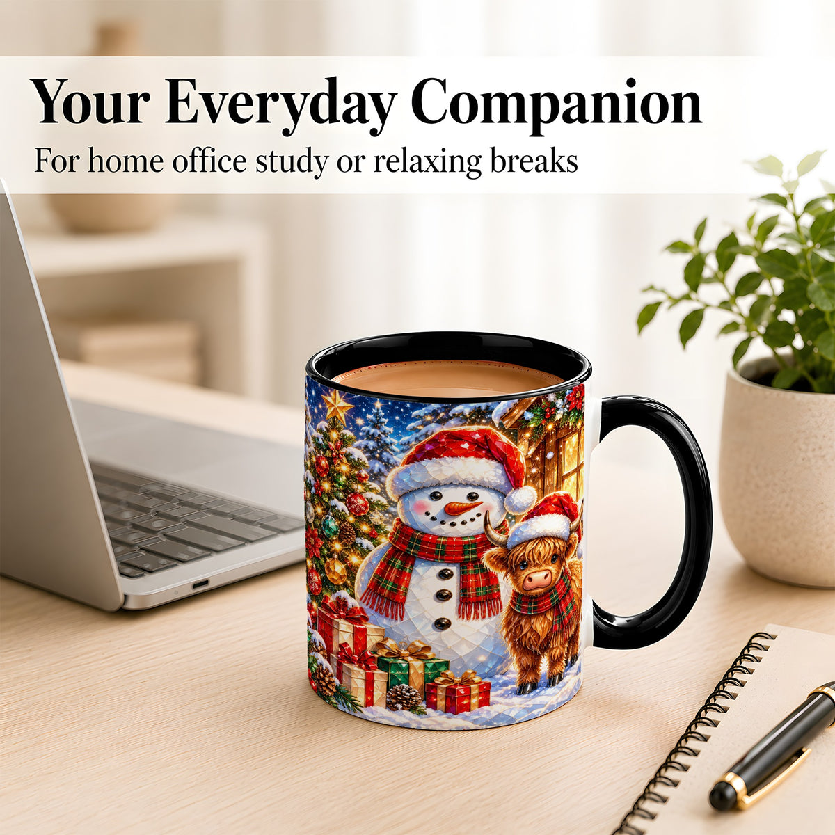 #pl[11oz|Black] Highland Cow Snowman Coffee Mug, Christmas Animal Mug, Ceramic Cup